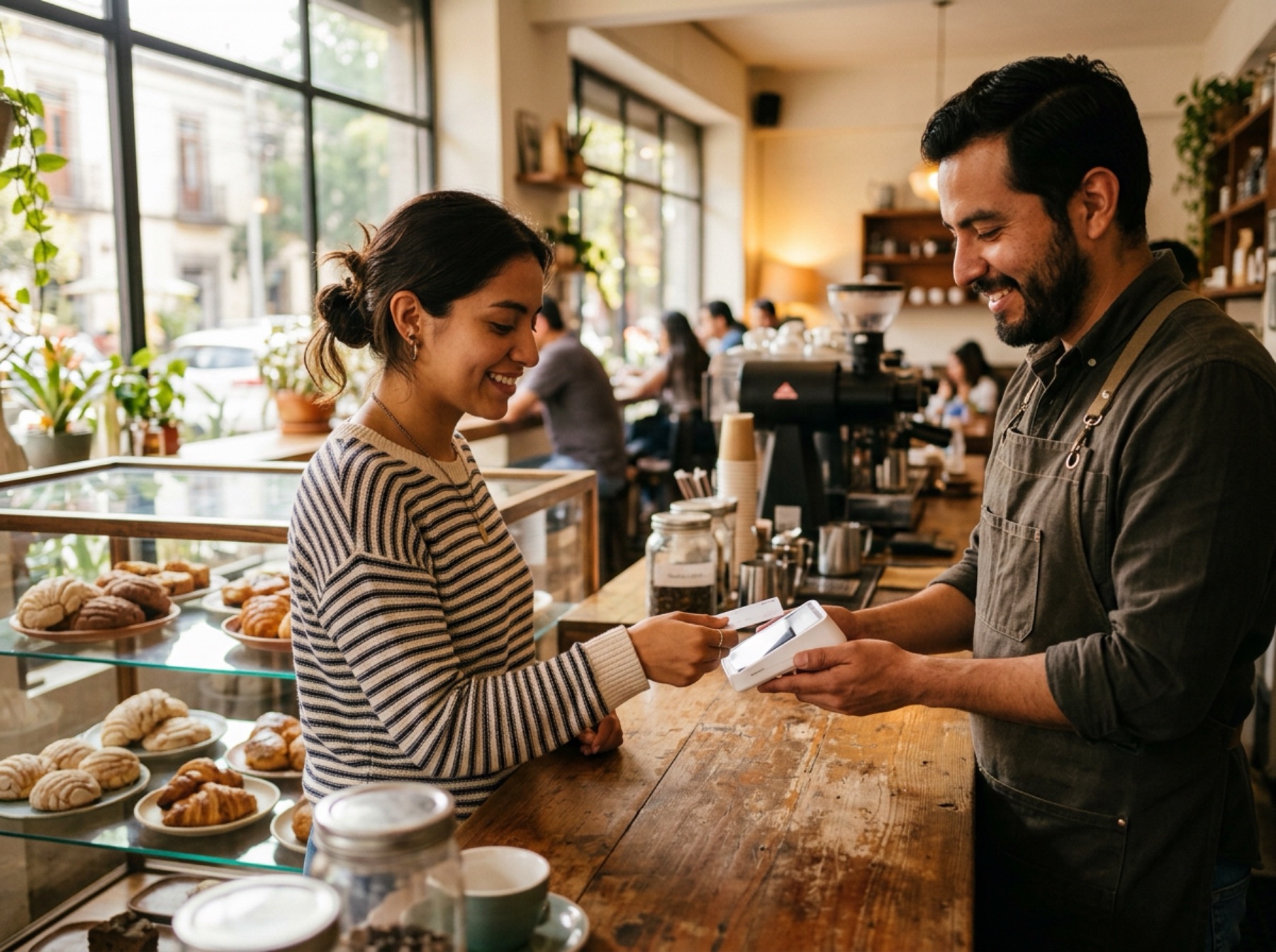 Una clienta paga con tarjeta en el mostrador de una cafetería