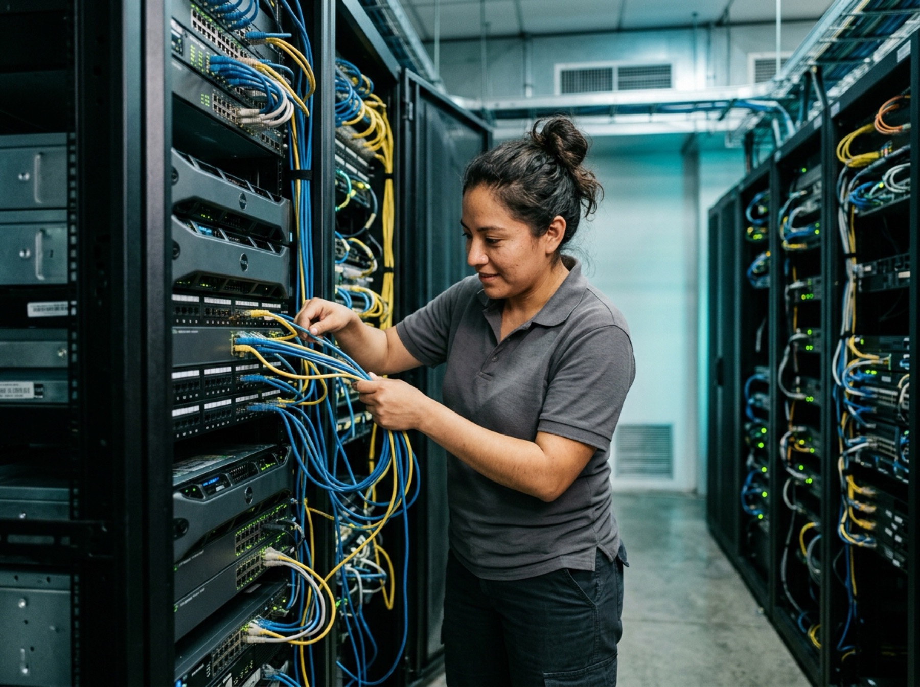Un técnico revisa un rack de servidores