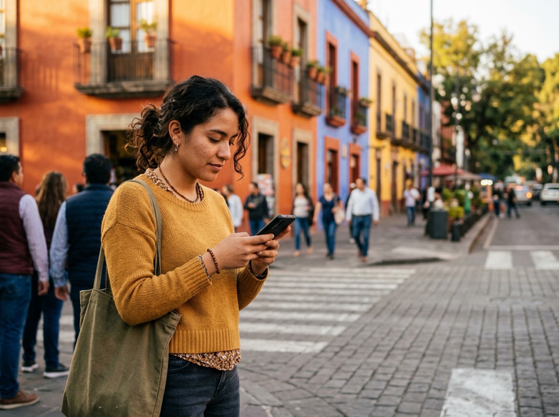 Una mujer lee un mensaje en su teléfono en la calle