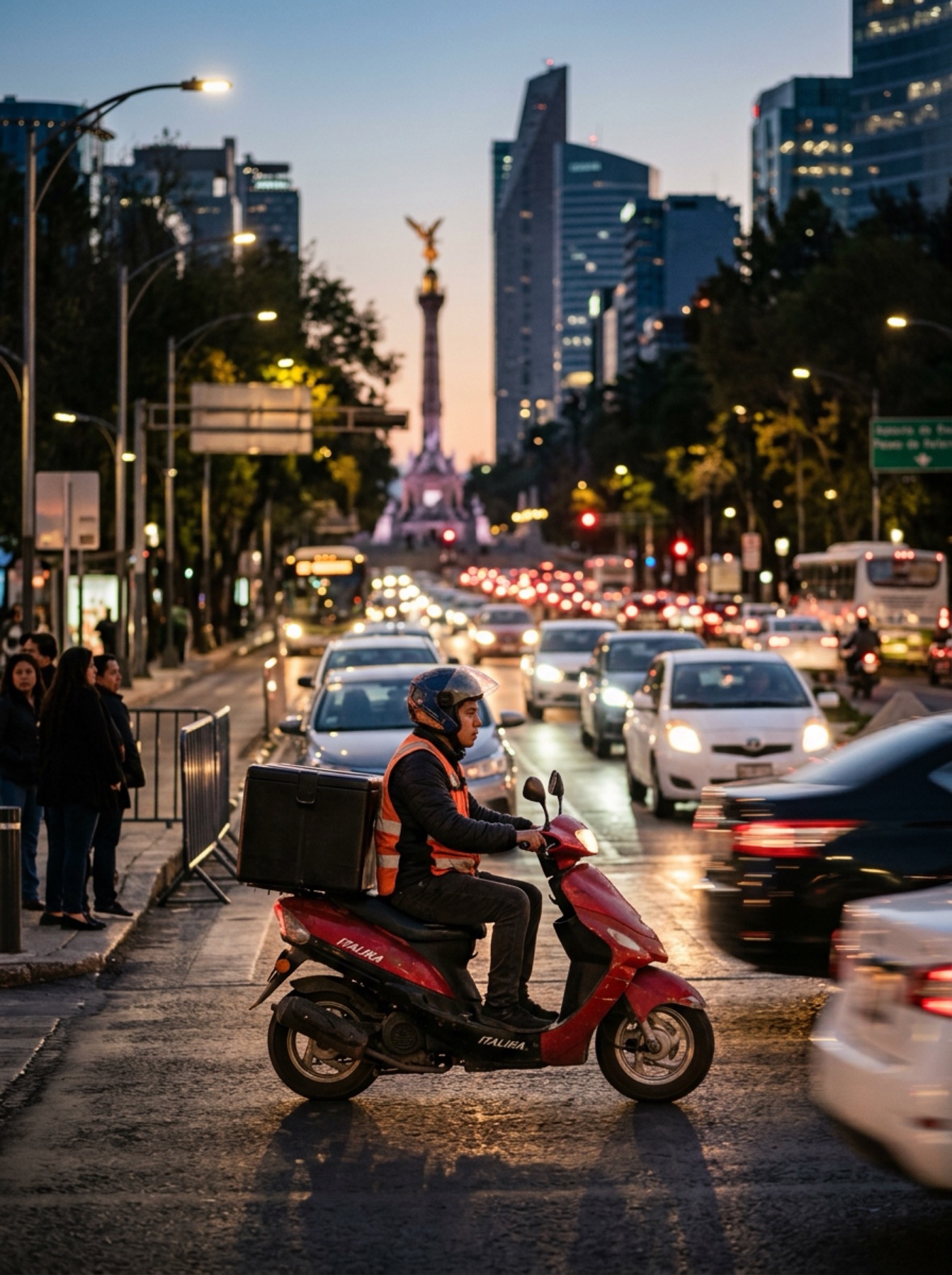 Un repartidor recorre la ciudad al atardecer