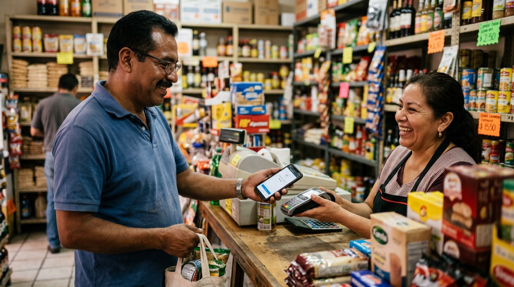 Un cliente paga con su teléfono en una tienda