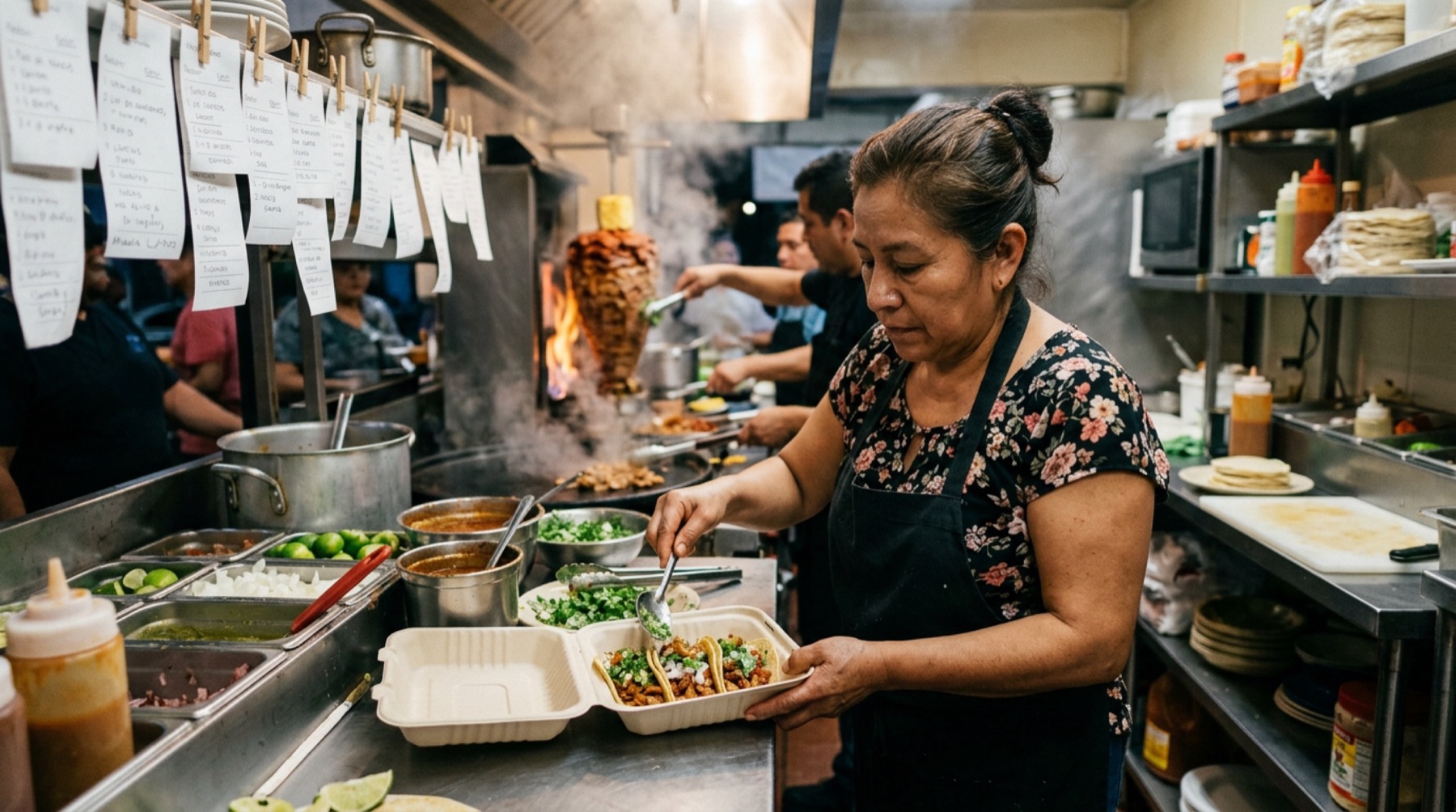 Un cocinero prepara pedidos en una fonda