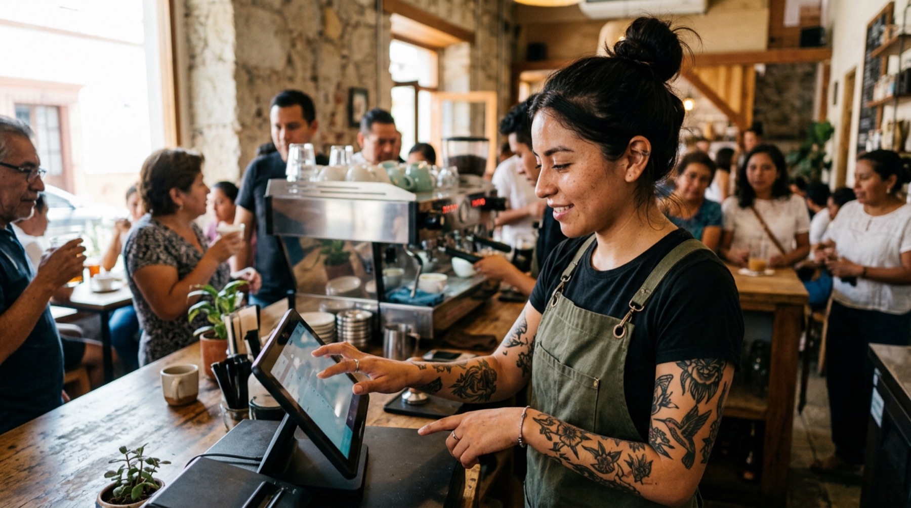 Una barista cobra en una tablet de punto de venta